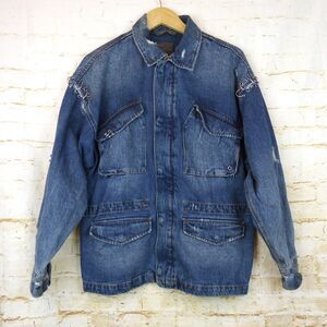 Zara Man 1975 Denim Field Jacket Men L Blue Utility Distress Embellished Grunge